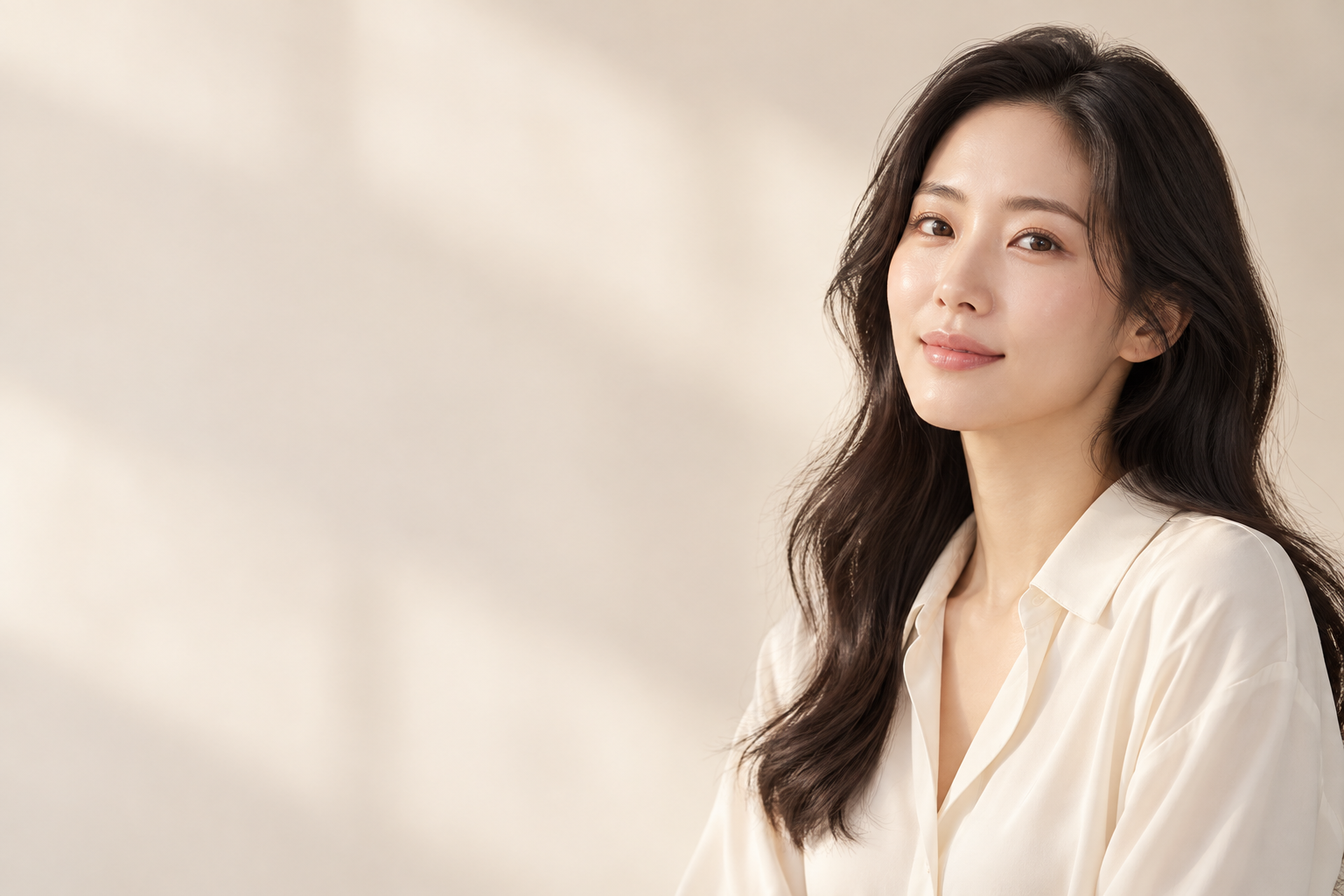 긴 웨이브 헤어의 여성 뷰티 모델